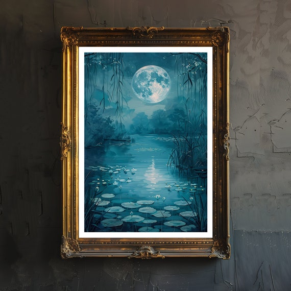 Moonlight Lake Print Dark Academia Art Celestial Decor Antique Landscape Illustration Enchanted Night Scene Rustic Vintage Wall