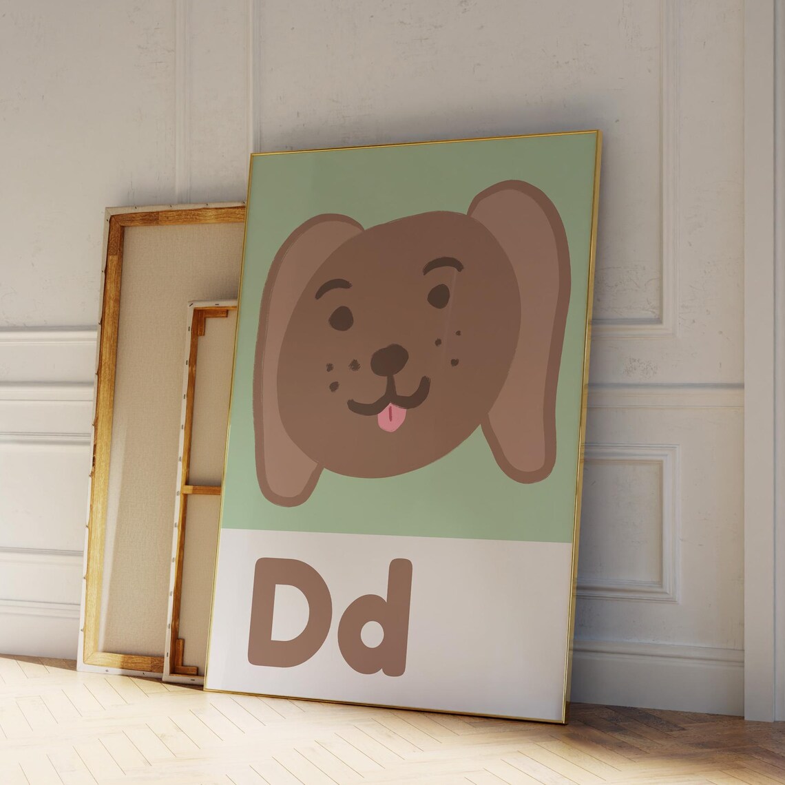 Happy Brown Puppy Letter D Alphabet Sage Green Nursery Kids Wall Poster