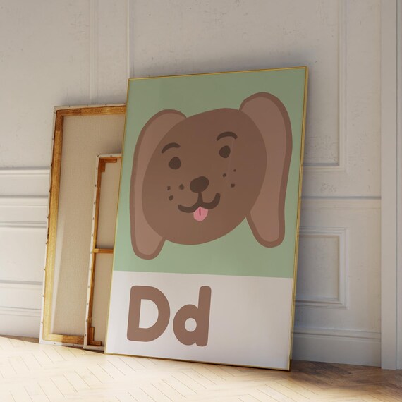 Happy Brown Puppy Letter D Alphabet Sage Green Nursery Kids Wall Poster