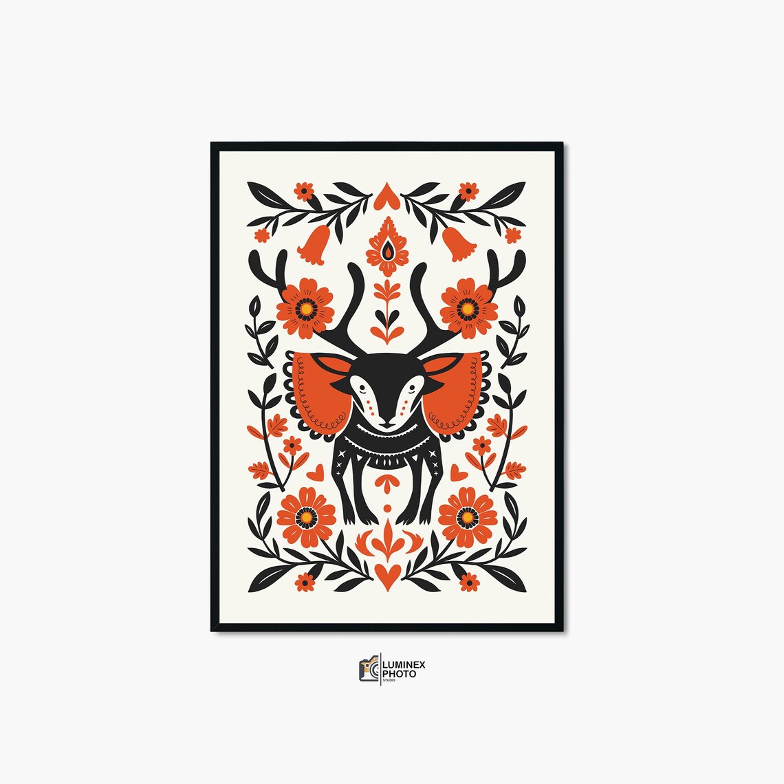 Scandinavian Folk Art Deer Antlers Floral Orange Black Poster