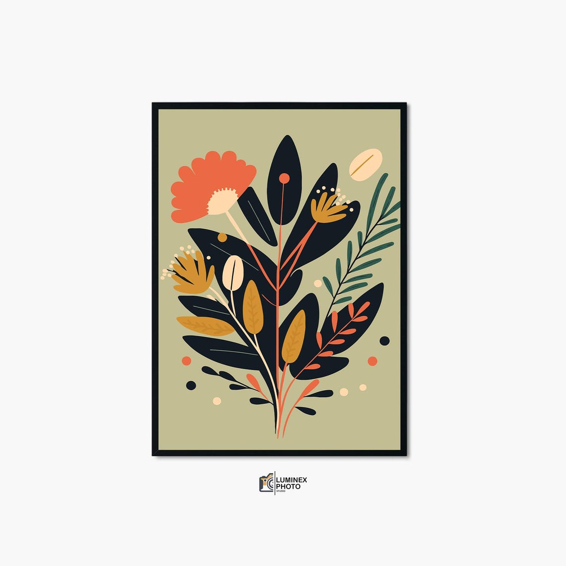 Botanical Floral Bouquet Navy Orange Olive Modern Style Print