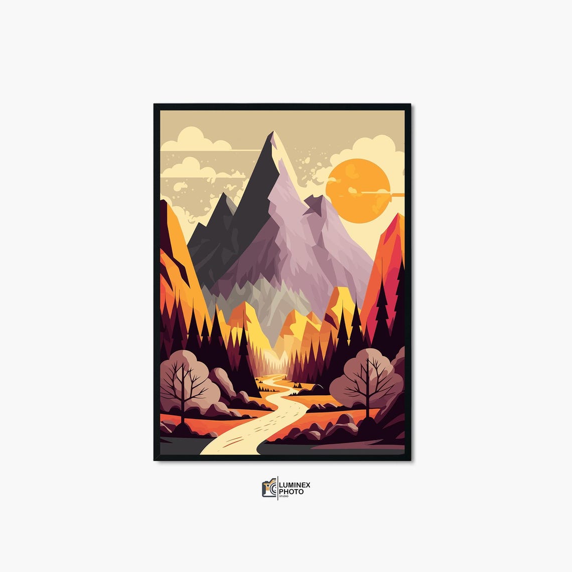 Mountain Valley Sunset Path Warm Retro Illustrated Nature Poster