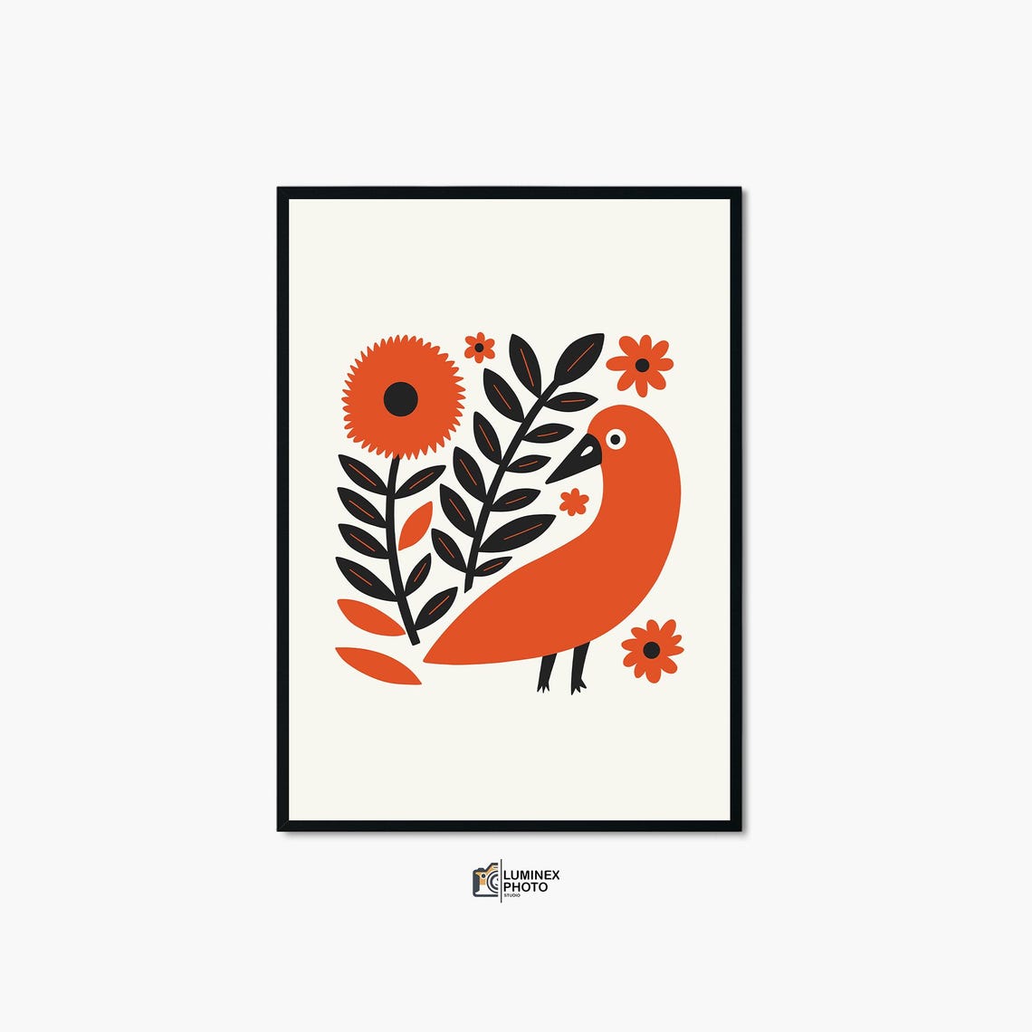 Scandinavian Red Bird Folk Floral Warm Orange Botanical Wall Art