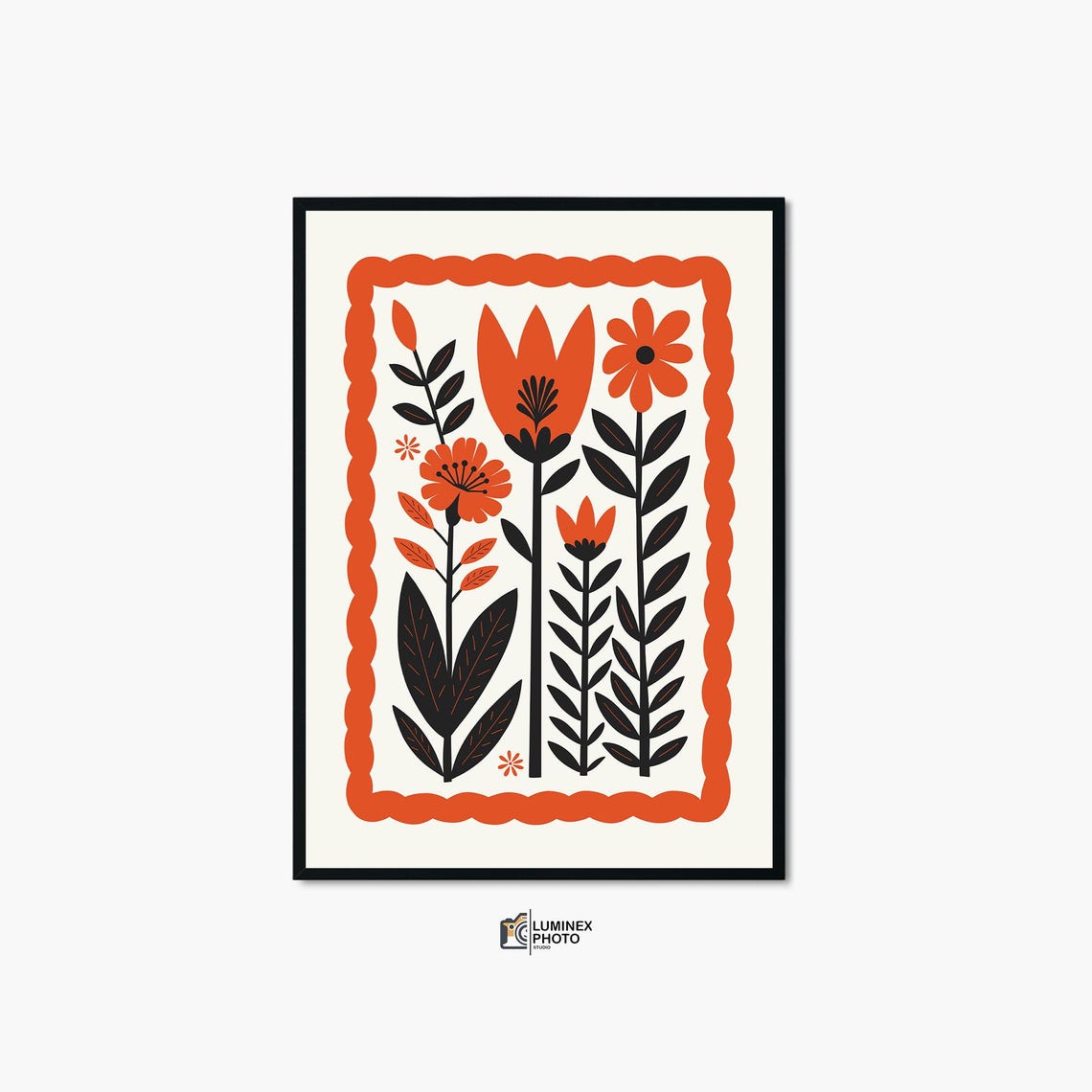 Scandinavian Folk Art Floral Poster With Red Flowers And Orange Border