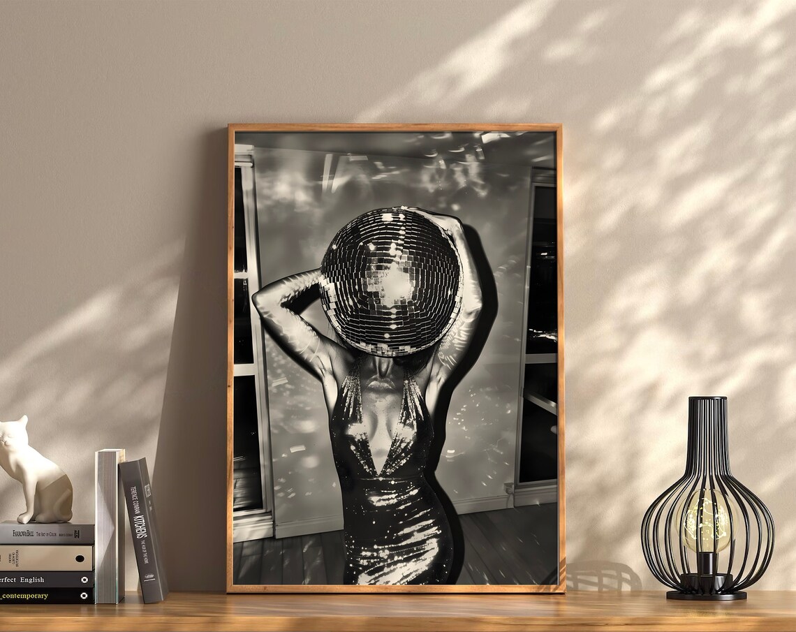 Disco Ball Head Woman Black and White Fashion Photography Poster - Image 3