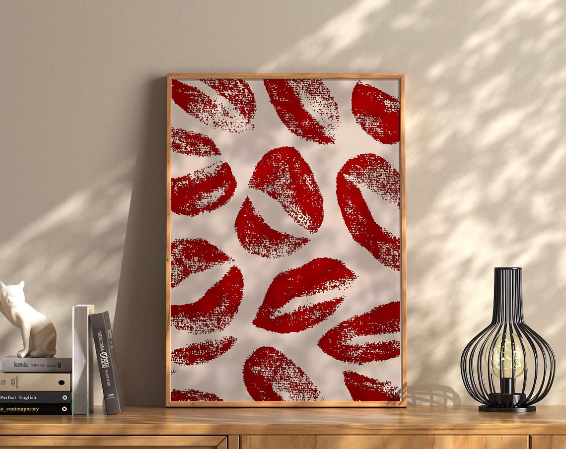 Red Lipstick Kiss Marks Pattern Romantic Bold Lips Pop Wall Art - Image 3