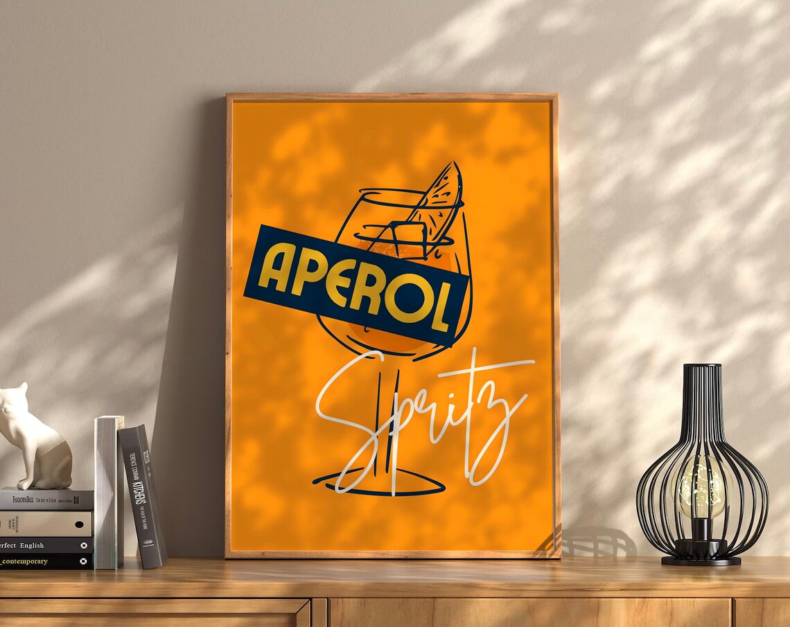 Aperol Spritz Orange Label Line Art Poster Retro Italian Cocktail Decor