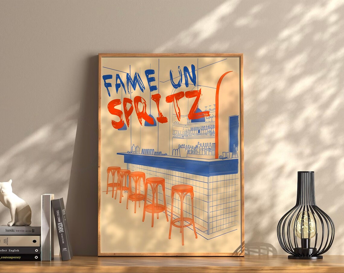 Fame Un Spritz Retro Italian Bar Poster Blue Orange Line Art Wall Decor