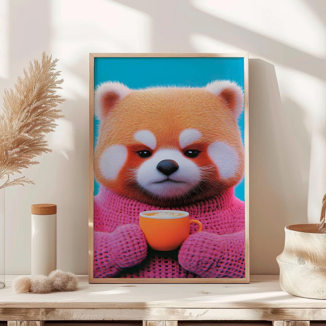 Cute Red Panda In Pink Sweater With Latte Cup Cozy Animal Poster