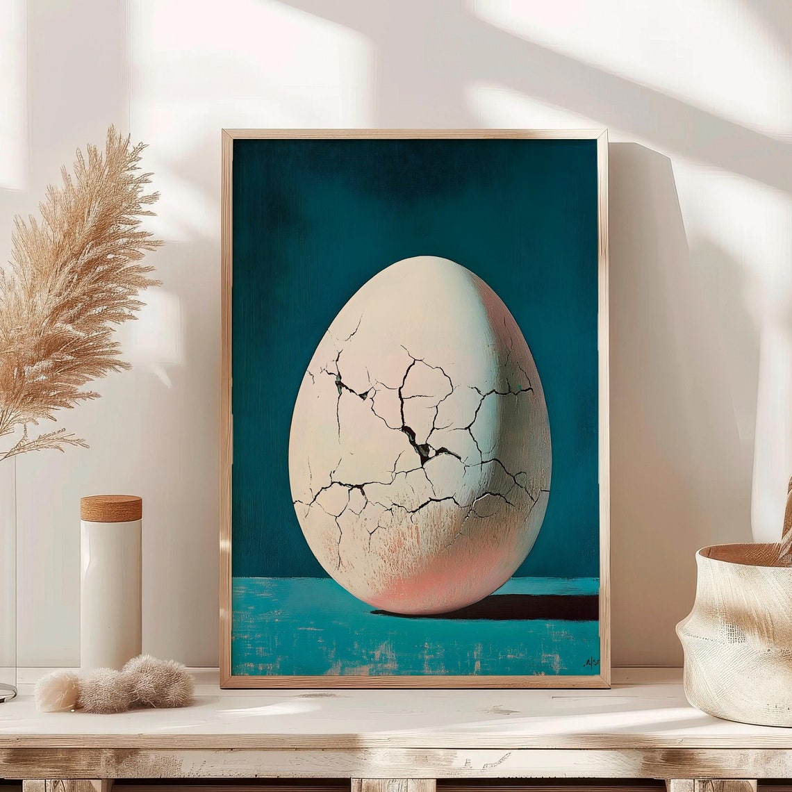 Cracked Egg Still Life Teal Background Surreal Minimalist Poster
