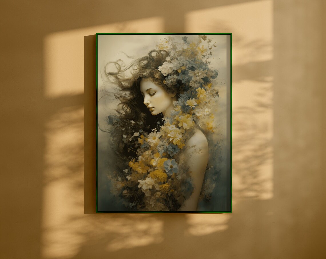 Dreamy Woman with Wildflowers in Her Hair Soft Romantic Art Poster