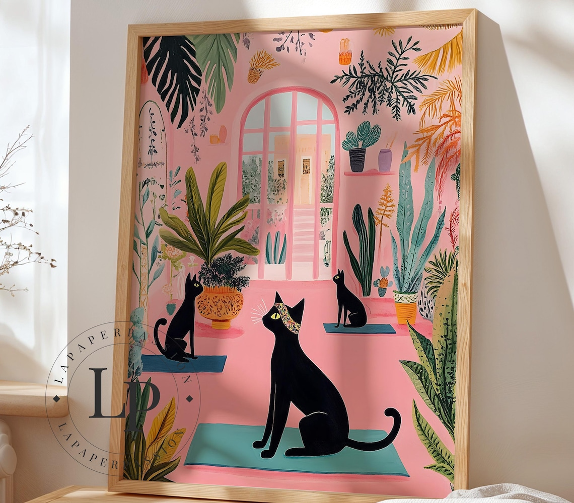 Black Cats Doing Yoga Pink Botanical Room Funny Yoga Cats Poster