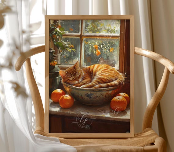 Cat Sleeping In A Bowl, Vintage Cat Art Print