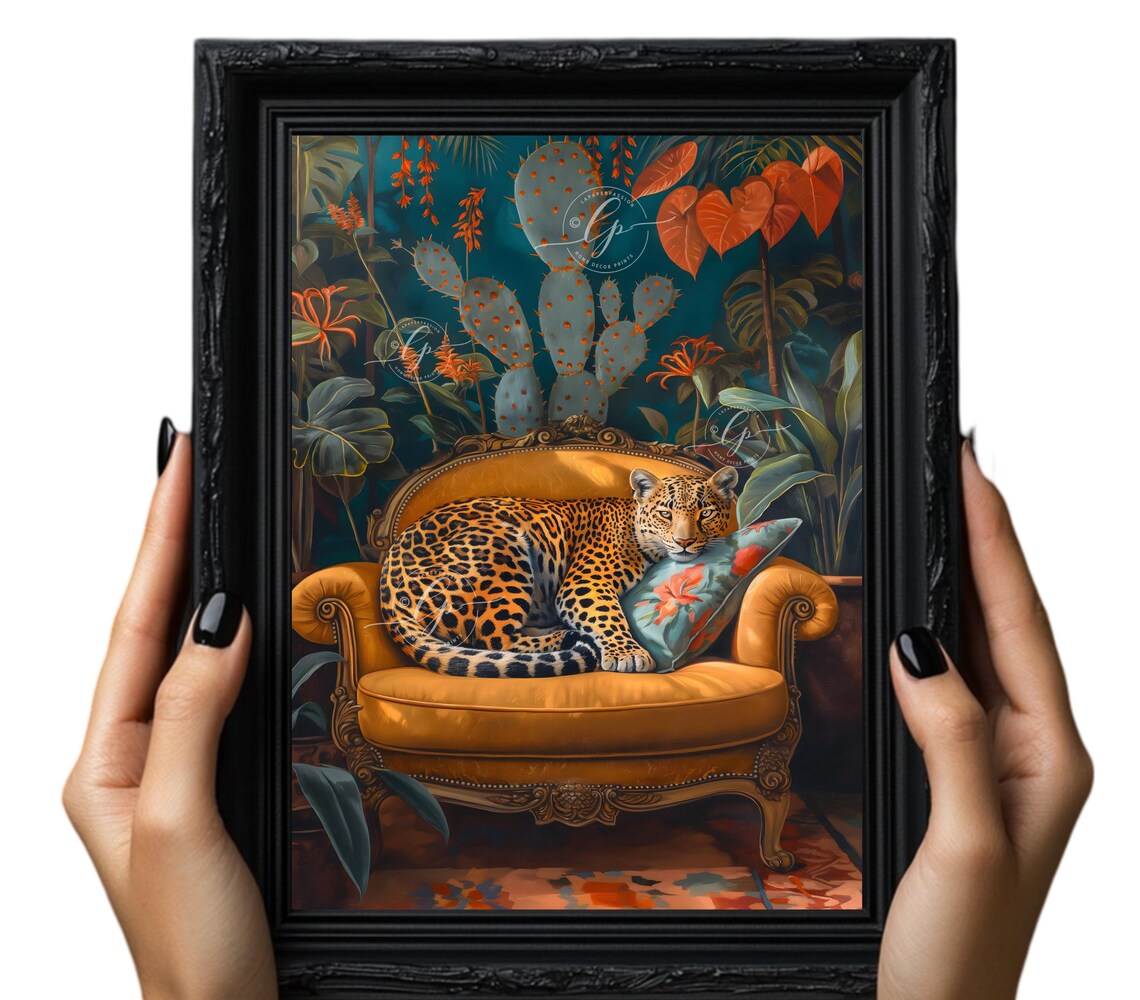 Leopard Lounging Orange Velvet Sofa Tropical Jungle Maximalist Poster - Image 5