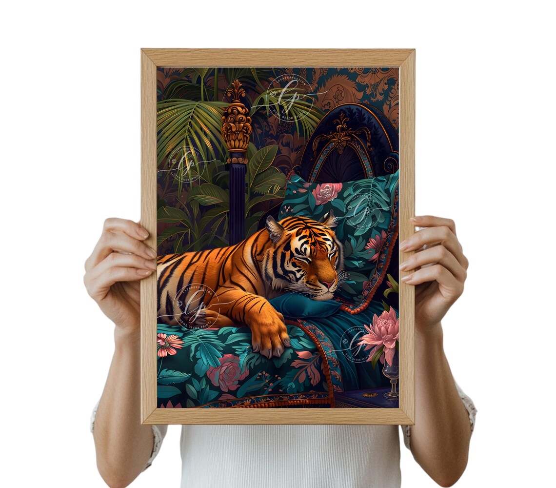 Sleeping Tiger Vintage Bed Teal Floral Bedding Jungle Wall Art - Image 3