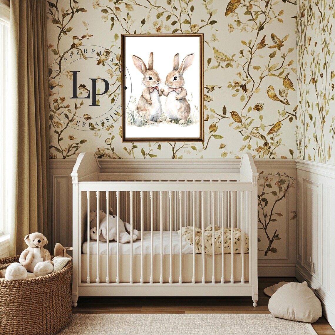Cute Pair of Watercolor Bunnies with Red Bow Ties Nursery Poster - Image 2