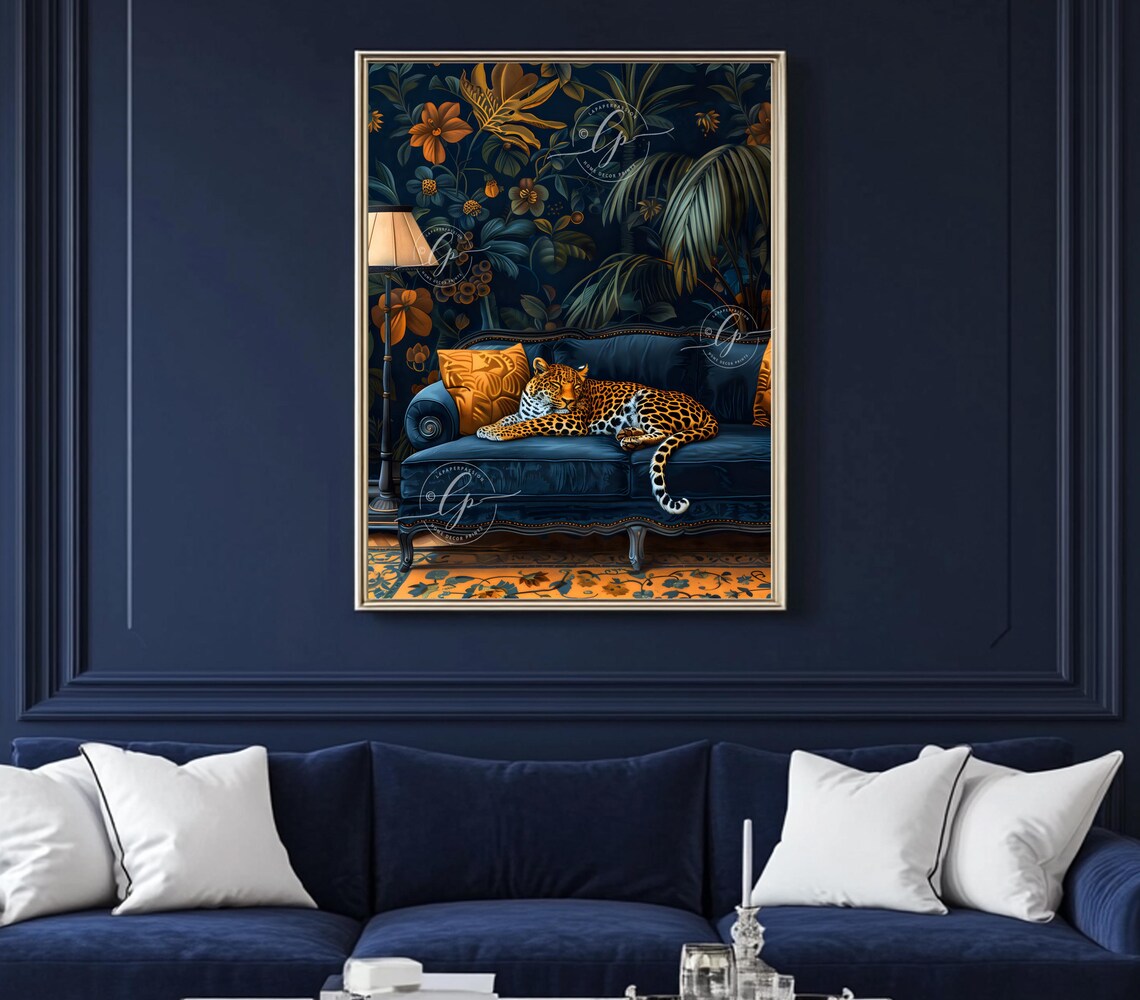 Leopard Navy Velvet Chaise Lounge Dark Floral Maximalist Wall Art - Image 4