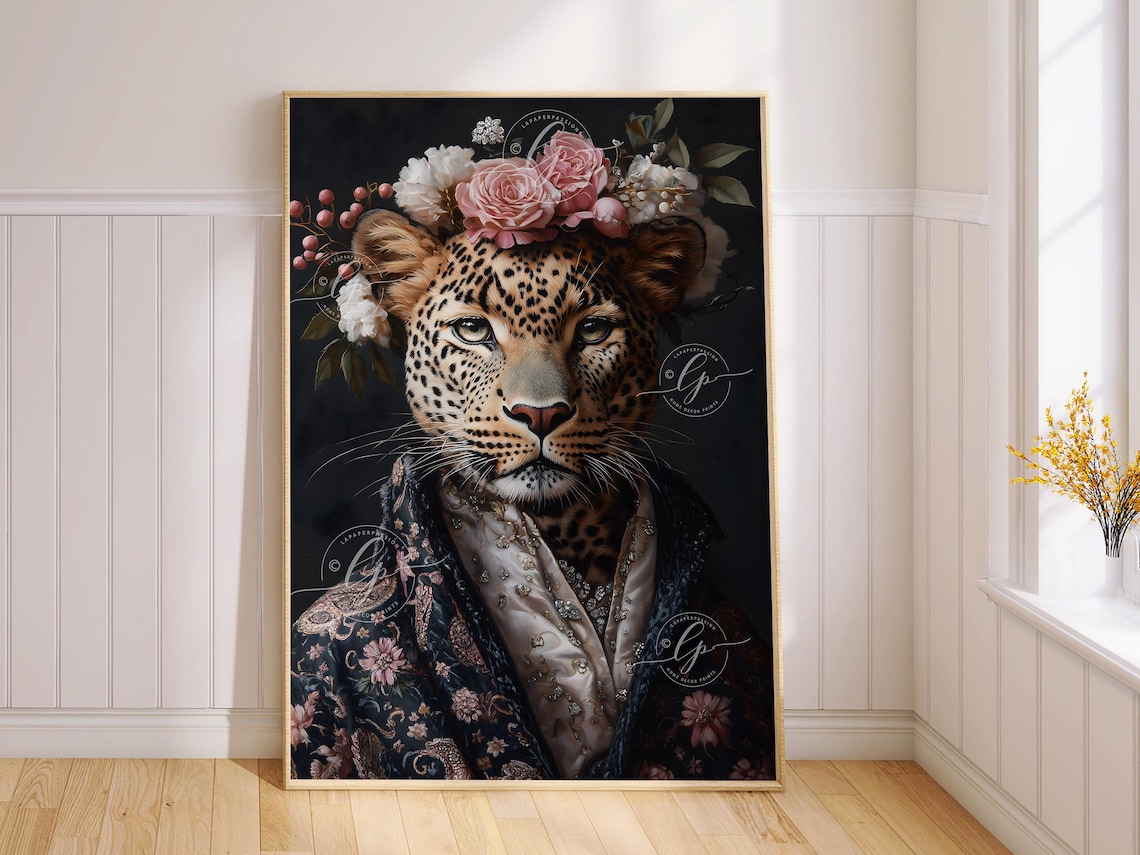 Leopard Print Maximalist Decor, Funky Animal Portrait