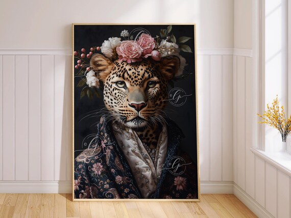 Leopard Print Maximalist Decor, Funky Animal Portrait