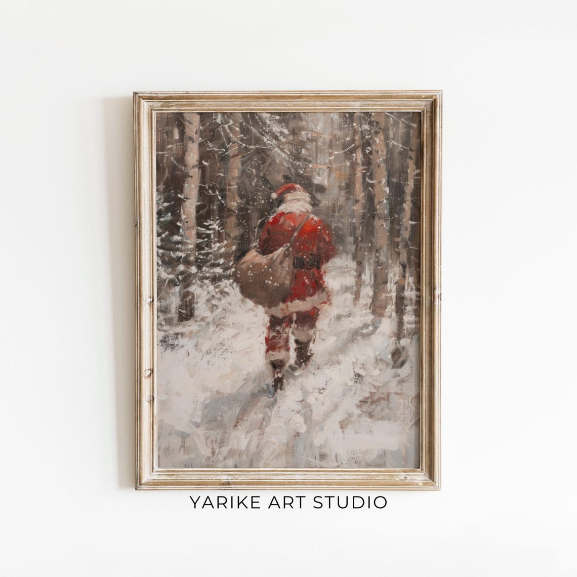 Santa Claus Walking Snowy Forest Vintage Christmas Eve Painting Poster