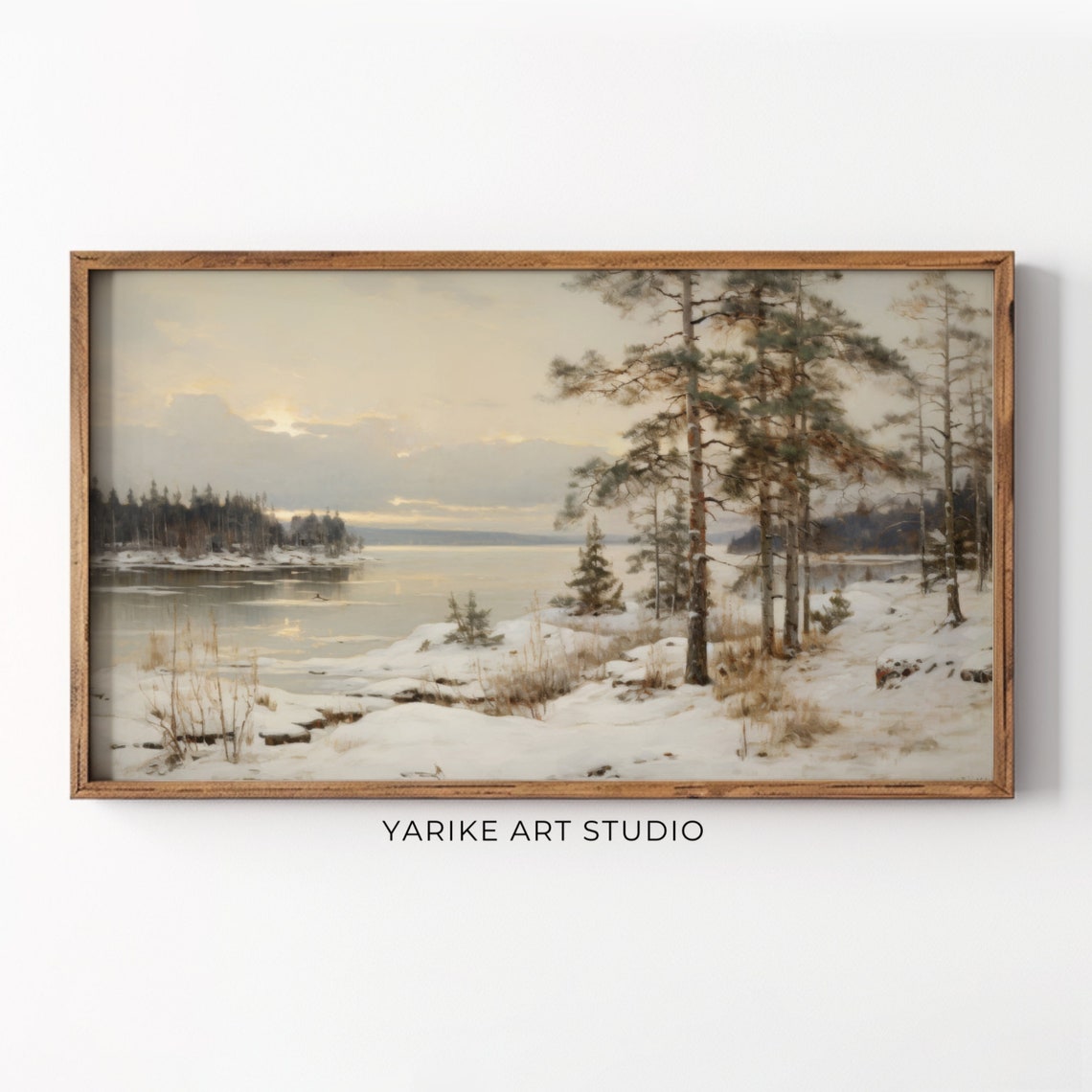 Snowy Winter Lake Shore Pine Trees Neutral North Landscape Poster