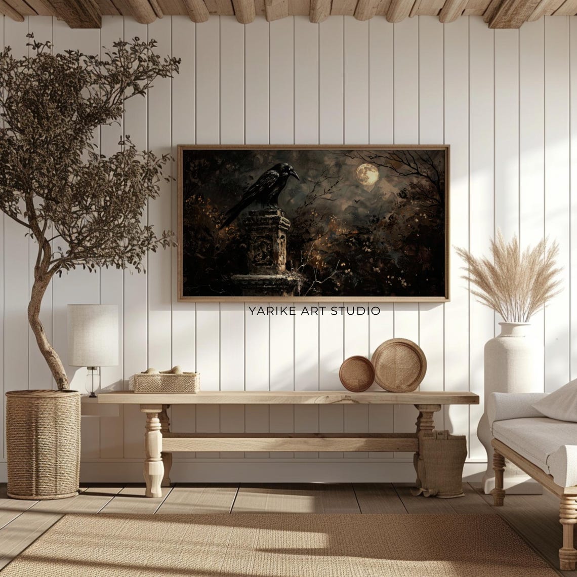 Black Raven on Stone Pillar Full Moon Dark Gothic Night Art Poster - Image 2