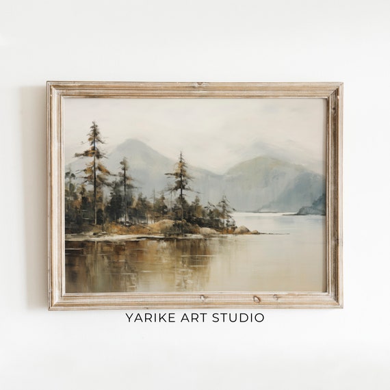 Vintage Moody Lake Landscape Wall Art Rustic Scenery Oil Painting Evergreen Trees Print 492