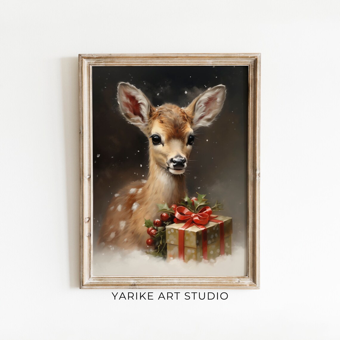 Baby Deer Fawn With Gift Box Holly Christmas Wildlife Poster