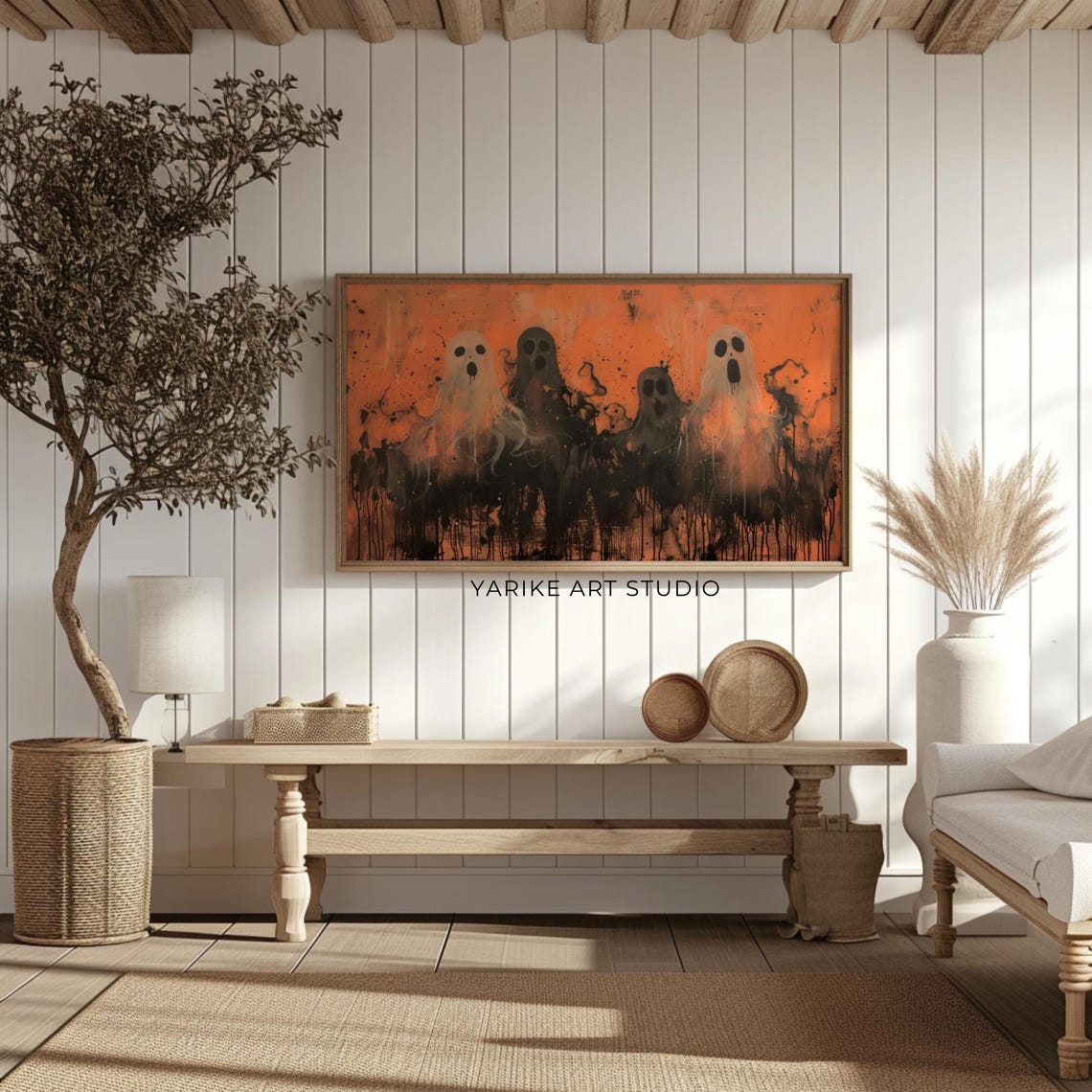 Spooky Halloween Ghost Painting Five Ghosts Orange Abstract Art Poster - Image 2