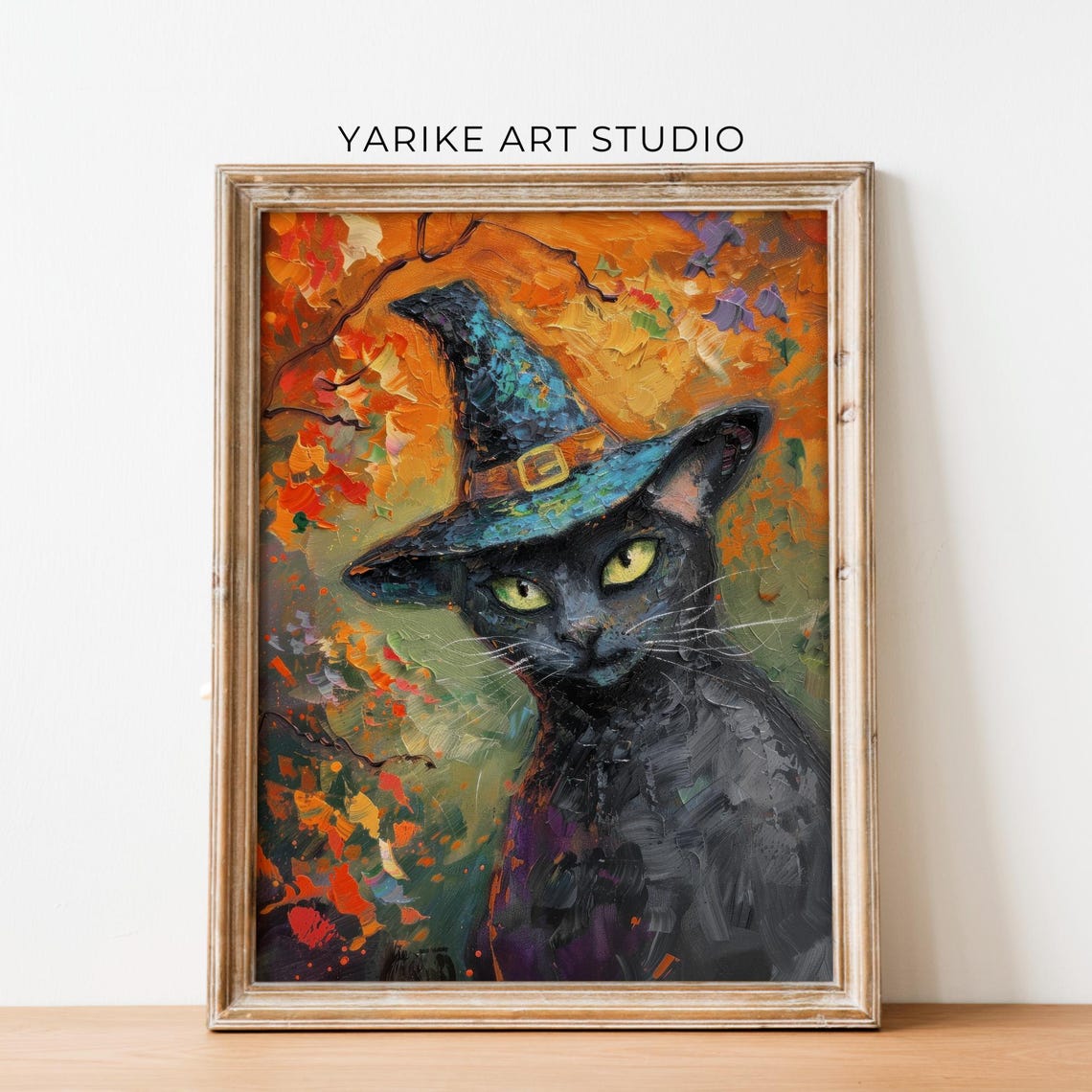 Black Cat Wearing Witch Hat Autumn Halloween Portrait Poster - Image 6