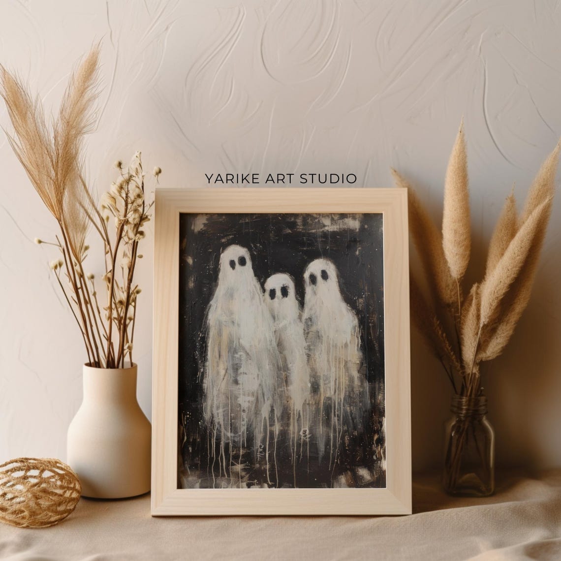 Three White Ghosts On Black Cute Vintage Spooky Halloween Poster - Image 5