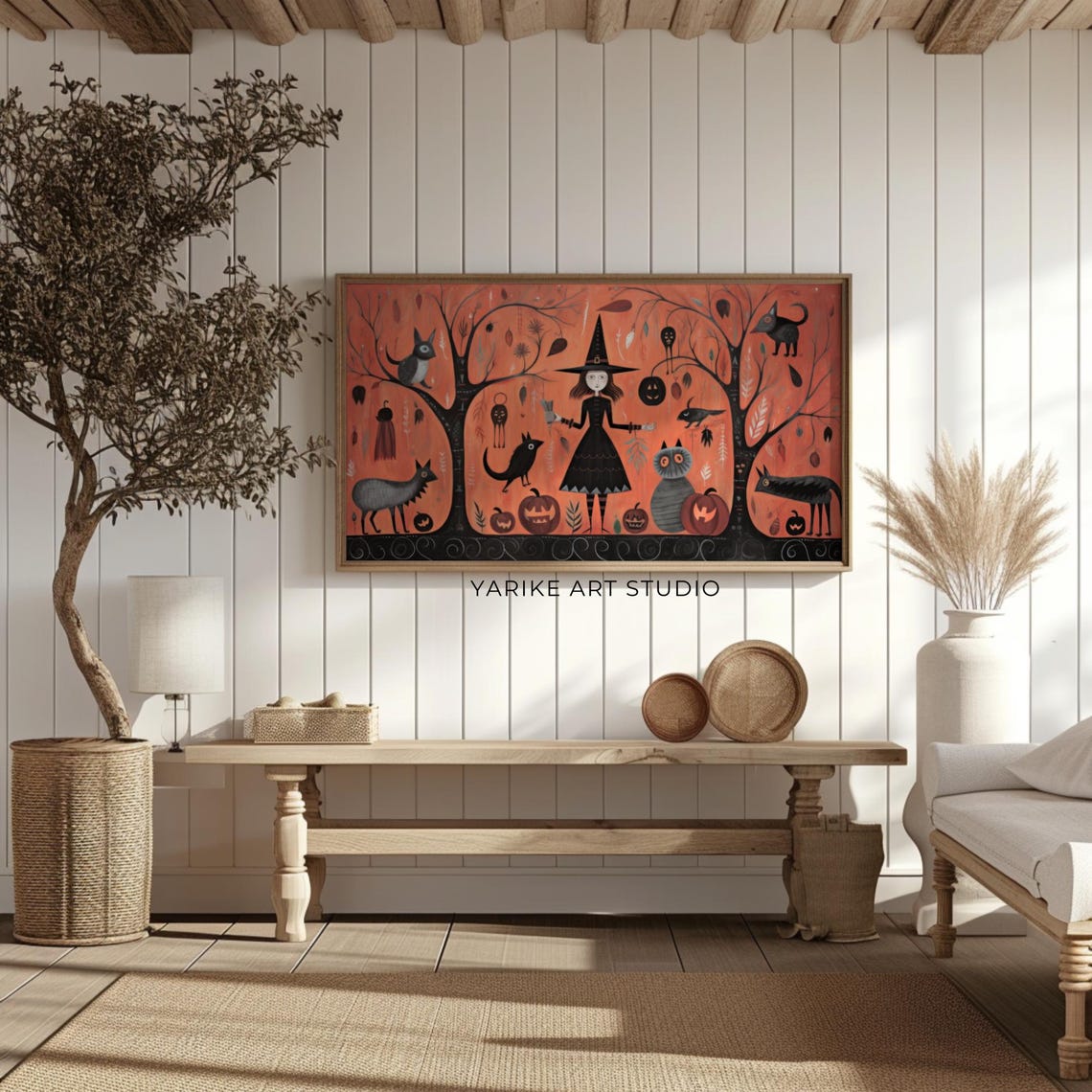 Cute Folk Art Witch Girl Black Cats Pumpkins Halloween Poster - Image 2