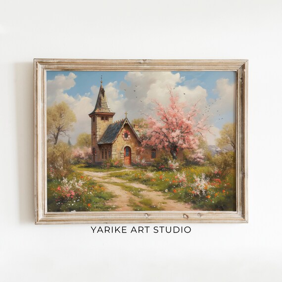 Stone Church with Pink Blossom Trees and Wildflower Garden in Spring Poster