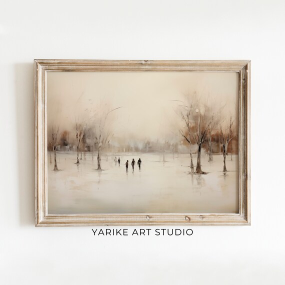 Foggy Winter Landscape Tiny Figures Bare Trees Neutral Wall Poster