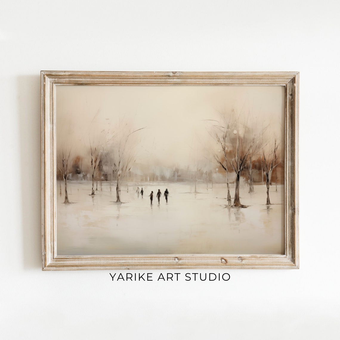 Foggy Winter Landscape Tiny Figures Bare Trees Neutral Wall Poster