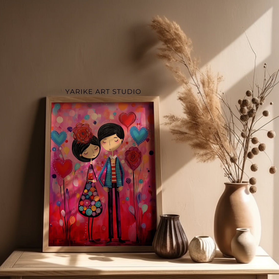 Cartoon Folk Art Couple In Love Hearts Romantic Valentine Poster - Image 2