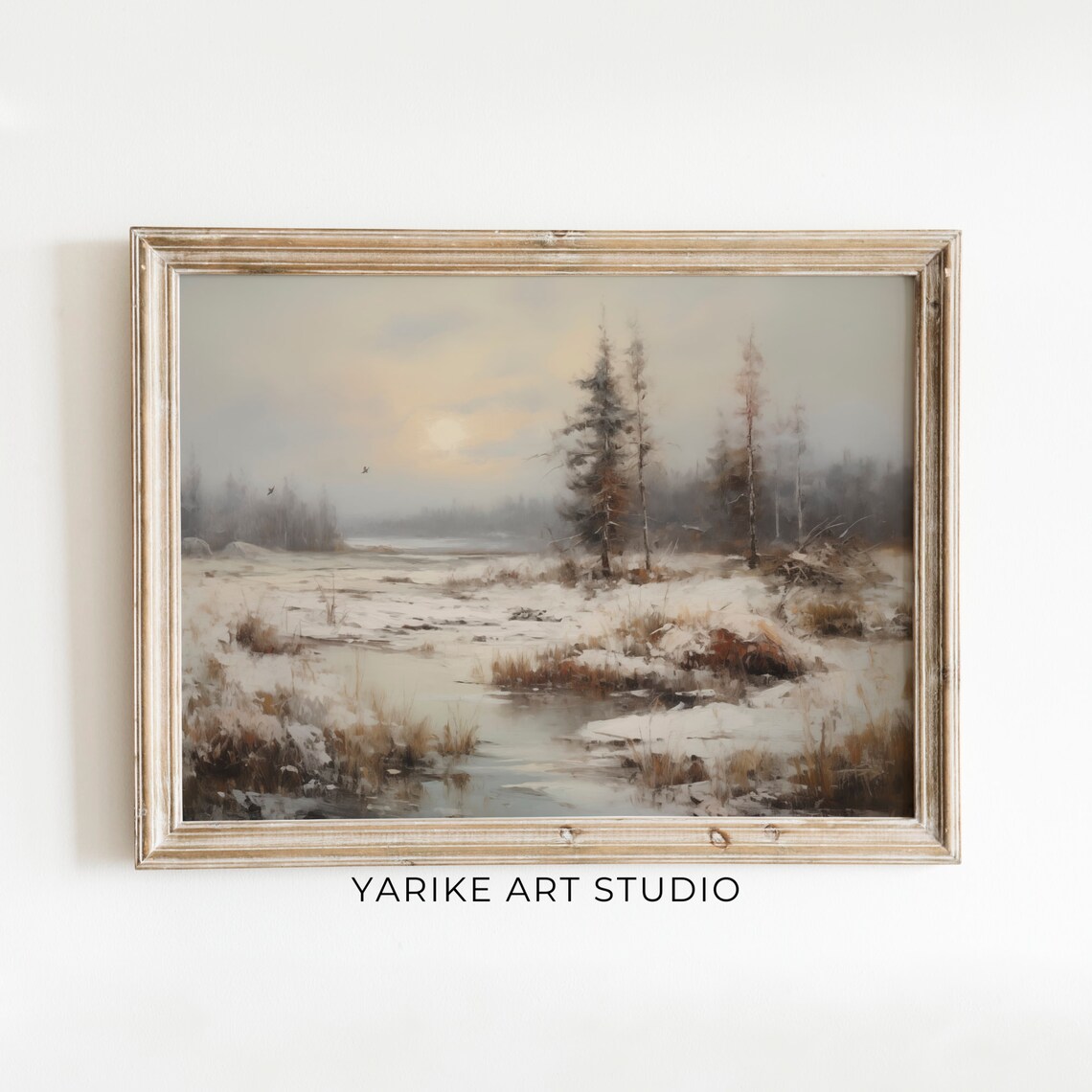 Frozen Pond Winter Sunrise Neutral Vintage Landscape Oil Print