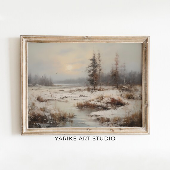 Frozen Pond Winter Sunrise Neutral Vintage Landscape Oil Print