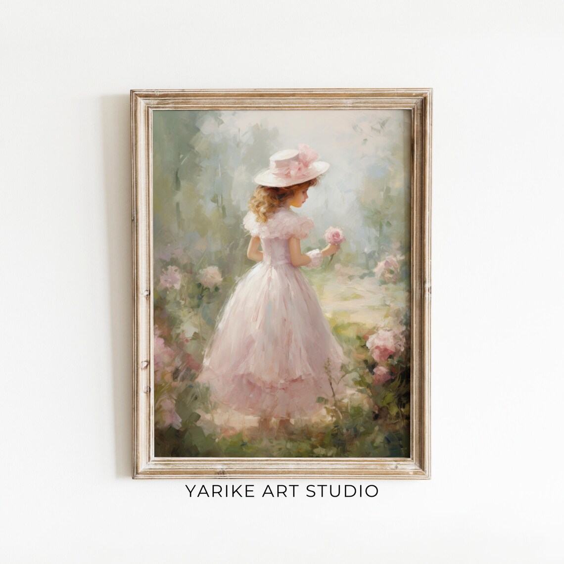 Girl in Pink Dress Flower Garden Vintage Spring Oil Painting Poster