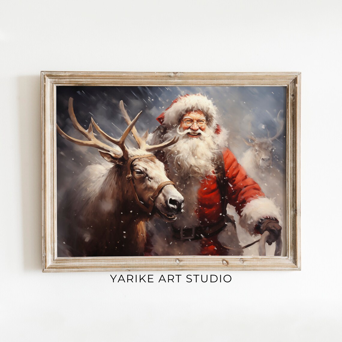 Santa Claus with Reindeer in Snowy Night Vintage Christmas Art Poster