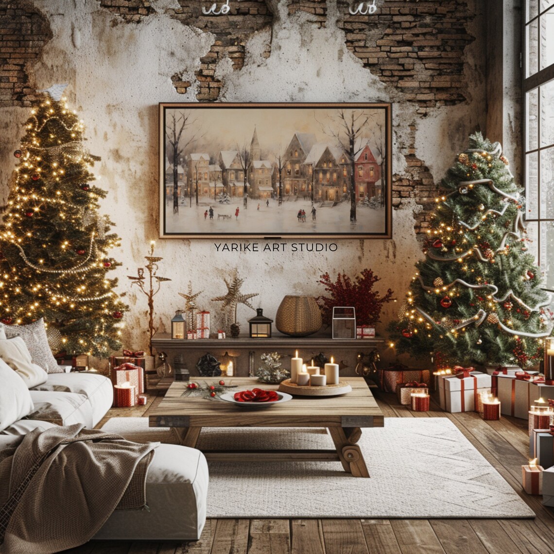 Vintage Winter Town Evening Frame Tv Art Christmas Frame Tv Screensaver Neutral Holiday Winter Village Landscape Painting 78 Tv - Image 2