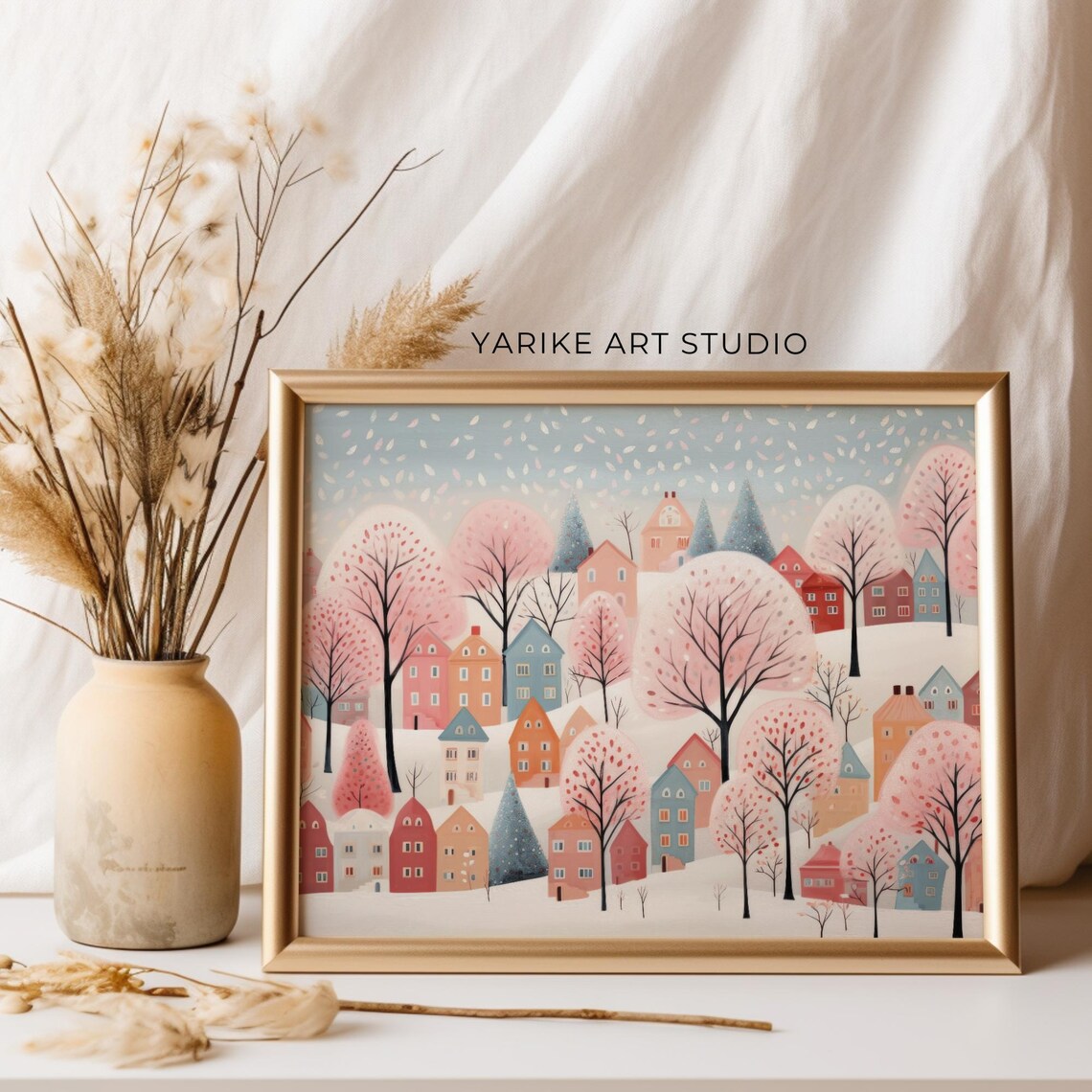 Pastel Snowy Town Folk Art Painting Pink Winter City Landscape Print Christmas Day Gift Xmas Wall Art Cabin Christmas Decor 897 - Image 2
