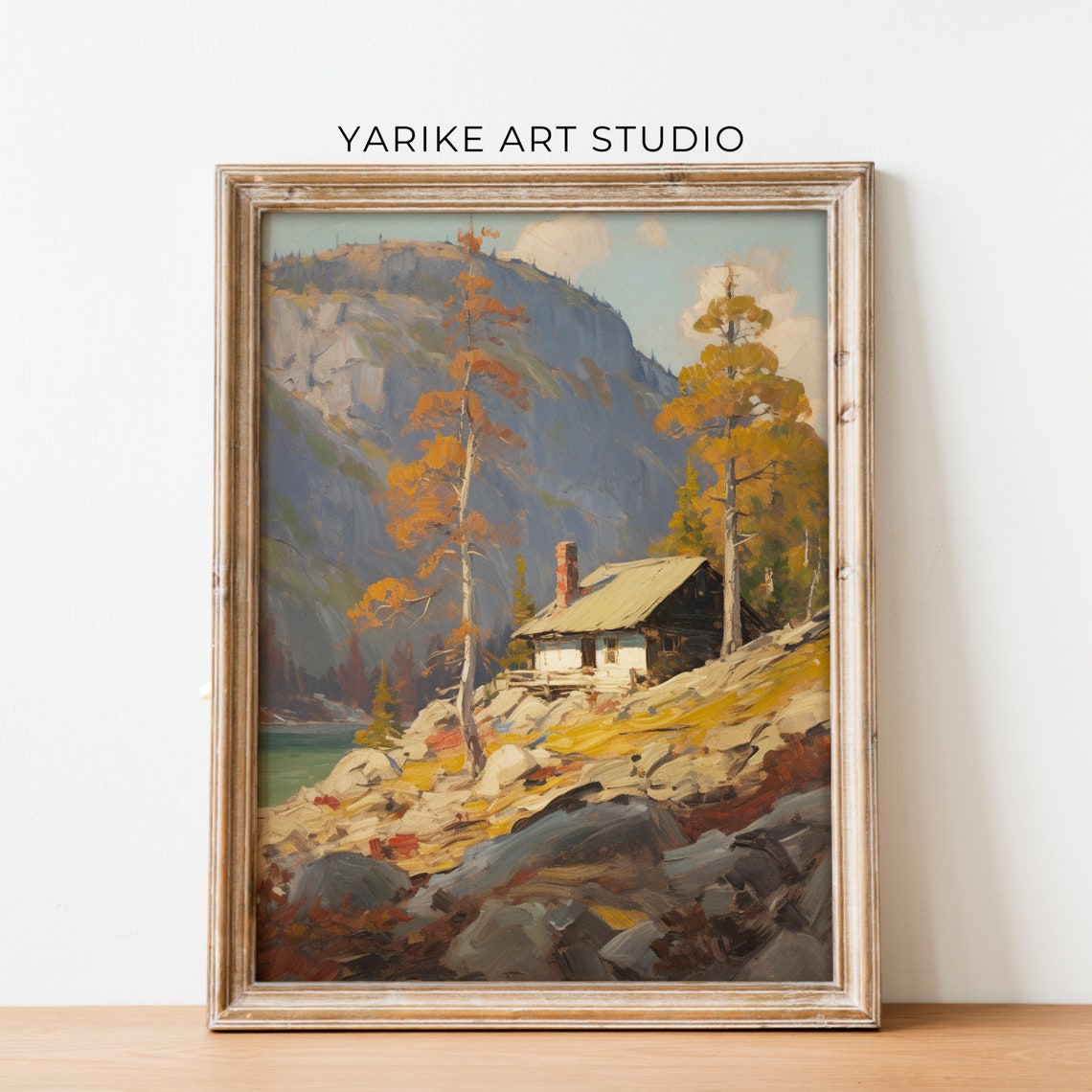 Mountain Cabin by Emerald Lake Surrounded by Golden Autumn Trees Print - Image 2