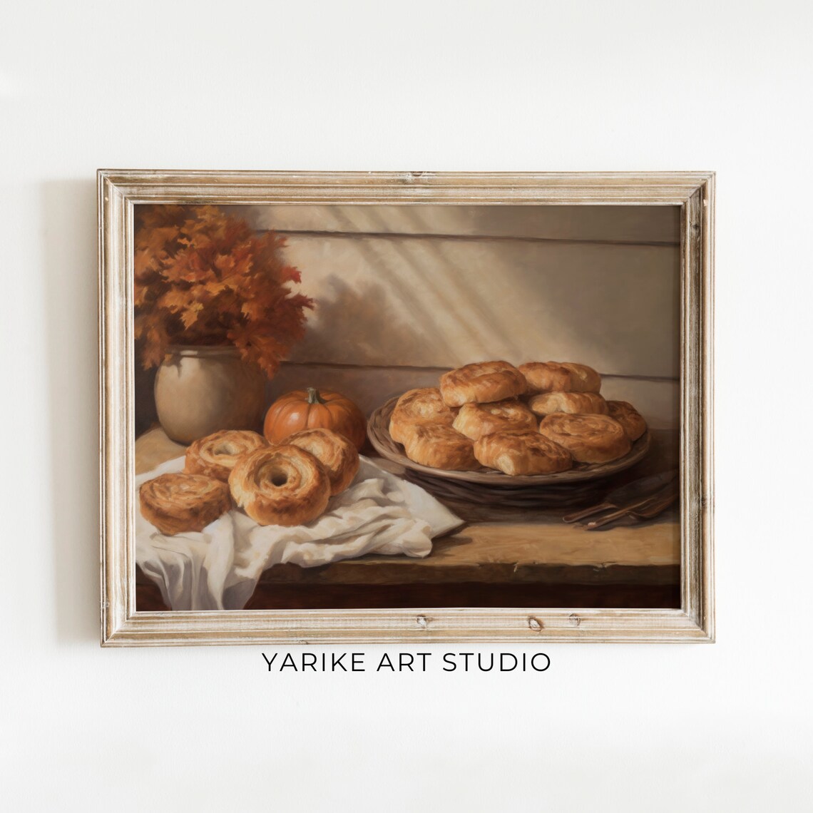 Rustic Still Life of Fresh Pastries with Pumpkin and Autumn Leaves Poster
