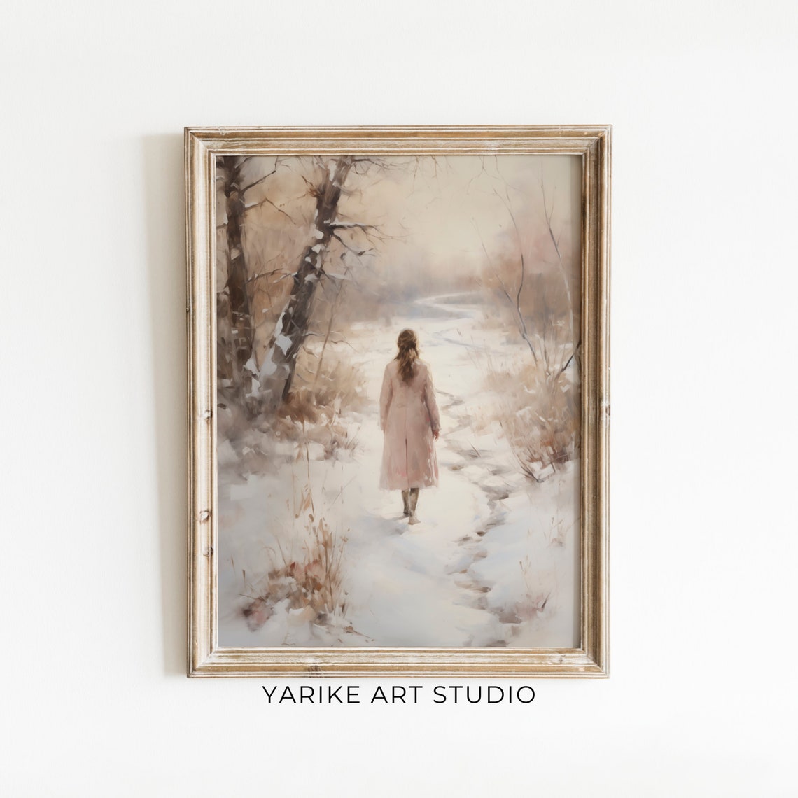 Woman Walking Snowy Winter Forest Path Soft Watercolor Poster