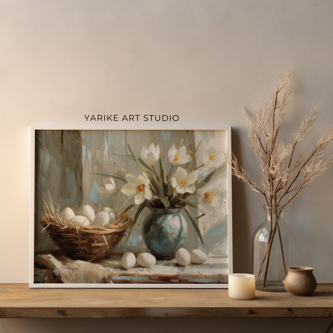 Daffodils and Easter Eggs Basket Spring Still Life Painting Poster - Image 2