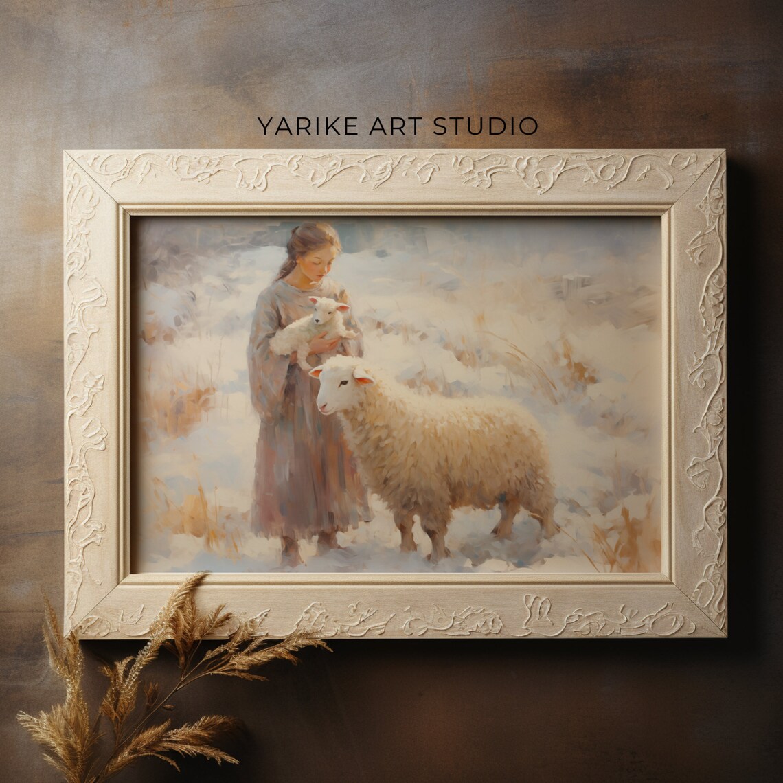 Vintage Girl Holding Lamb With Sheep In Snowy Winter Field Poster - Image 4