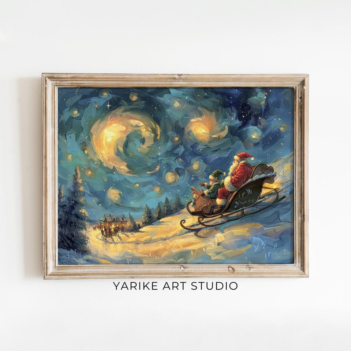 Santa Sleigh Ride Under Starry Night Sky Swirling Christmas Poster