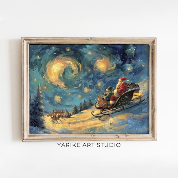 Santa Sleigh Ride Under Starry Night Sky Swirling Christmas Poster