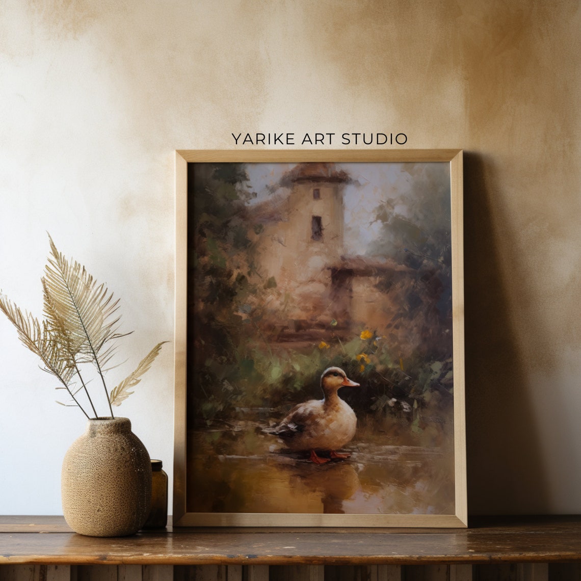 Vintage Duck Swimming with Old Stone Tower House Painting Poster